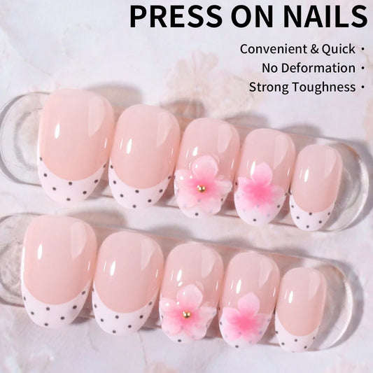 24pcs Short Oval 3D Gel Nail, Flower Nail Art French Acrylic Press-On Nails