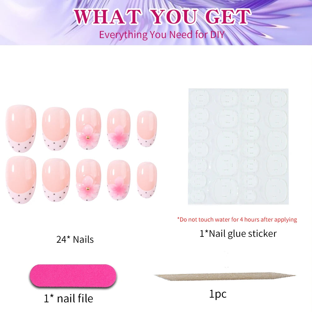 24pcs Short Oval 3D Gel Nail,  Flower Nail Art French Acrylic Press-On Nails