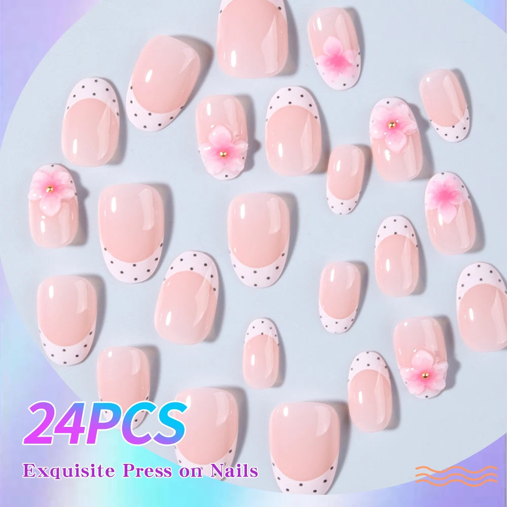 24pcs Short Oval 3D Gel Nail,  Flower Nail Art French Acrylic Press-On Nails