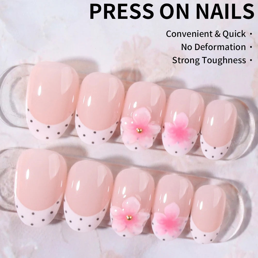 24pcs Short Oval 3D Gel Nail,  Flower Nail Art French Acrylic Press-On Nails
